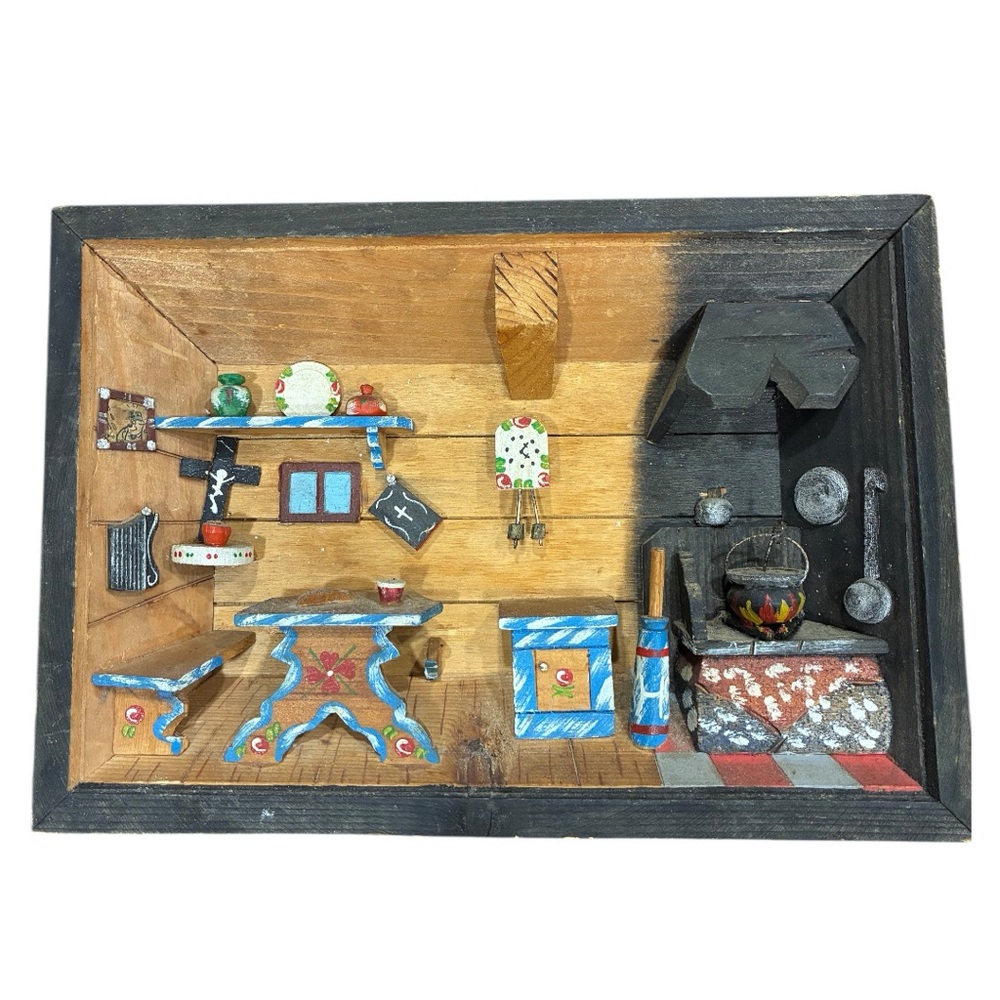 1950's Italian Wooden Diorama Kitchen Hand Carved Handmade Alpine Kitchen Hearth